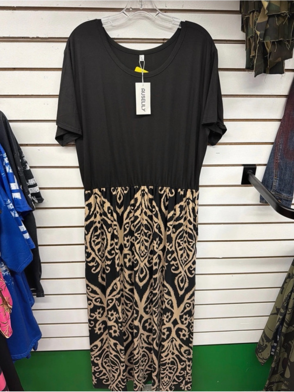 NWT Auselily 2X Black & Tan Boho Midi Dress Plus Size